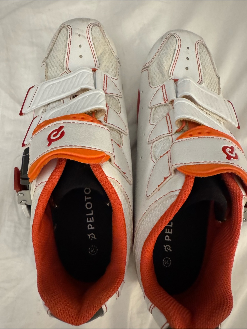 Peloton Women’s 39 White and Orange Cycling Shoes with Velcro Straps